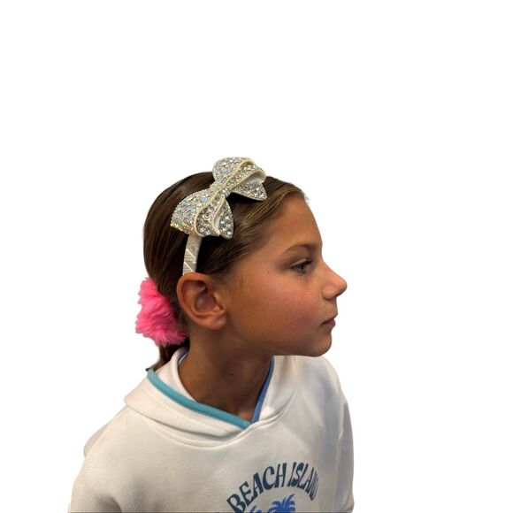 Beaded bow headband iridescent white crystal ribbon - Picture 2 of 7